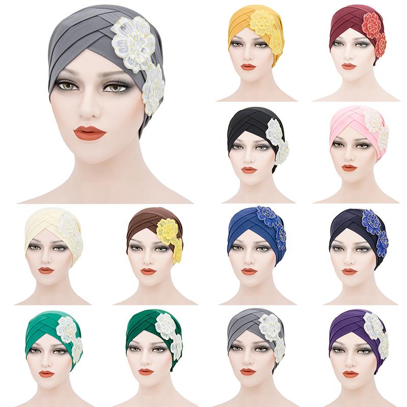 Fashion Ladies Forehead Cross Plum Blossom Hat Beanie Elastic Soft Top Hat Adult Women Milk Silk Flower Cap Muslim Turban