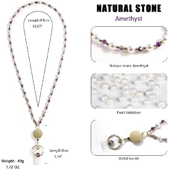 Retractable Pearl ID Badges and Key Lanyards, Natural Crystal Handmade Beaded Teacher Women's Lanyards