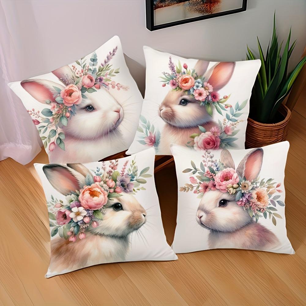 Easter Decoration Pillow Cover Home Farmhouse Decoration Gift Rabbit Flower Print Pillowcase Sofa Cushion Cover Short Plush Mate