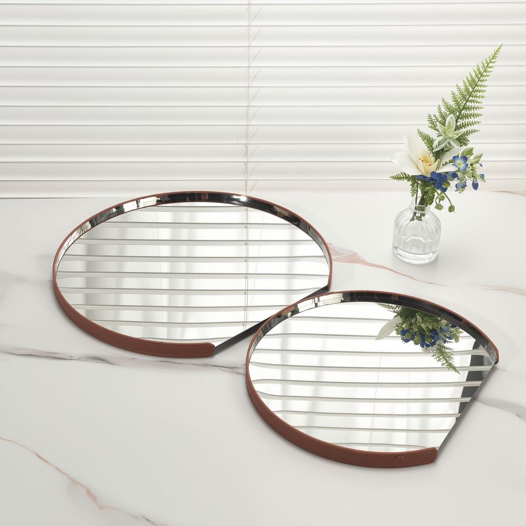 Stainless Steel Mirror Leather Tray Desktop Storage Container Jewelry Display Geometric Circular Storage Tray Cake Plate