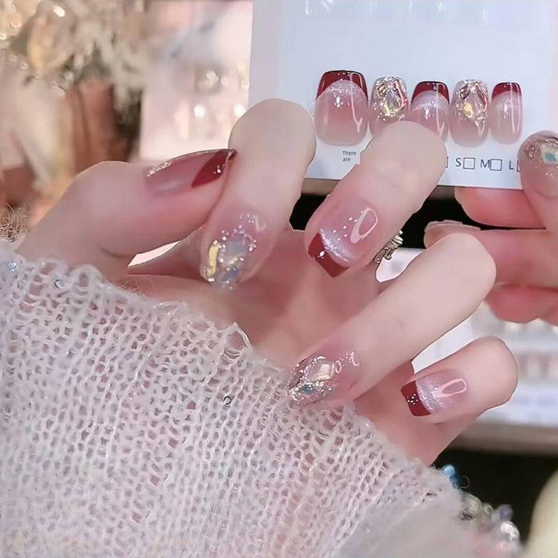 

Wear Armor 2025 New Arrival Fancy Wine Red Cat Eye Diamond White Everyday Joker Half-Handmade Nail Stickers SG921 XS (suitable for small small hand Sisters)