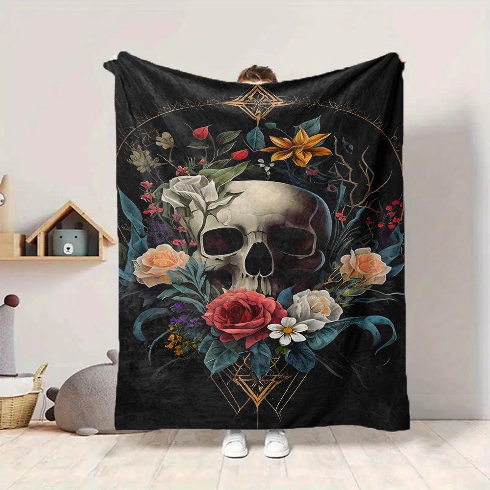 1pc Skull Flowers Blanket, Lightweight Flannel Fleece with Digital Printing, Soft Warm for Sofa, Travel, Camping, Office, Couch, Chair, and Bed, All-S