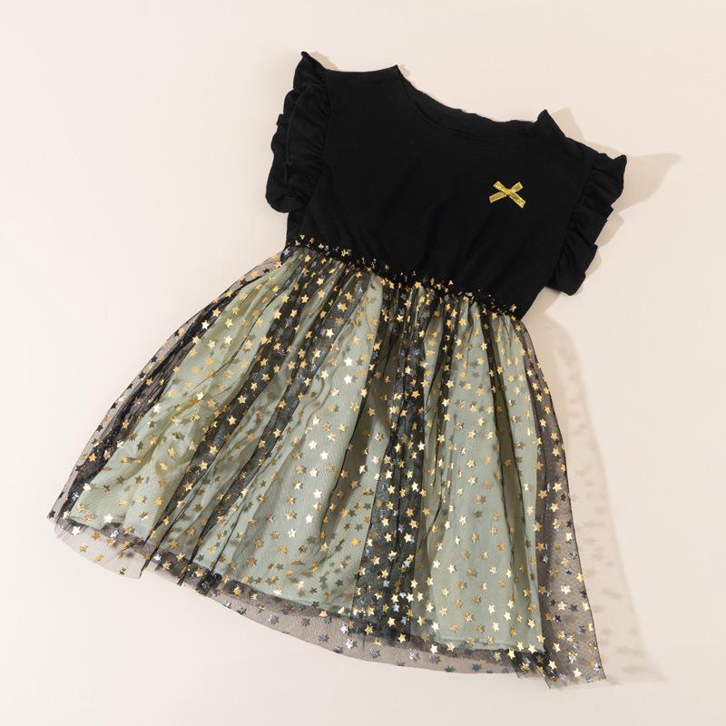 Neues Sommer-Prinzessinnenkleid für Mädchen, Schwarz, mit Sternen-Pailletten-Netz und Puffärmeln