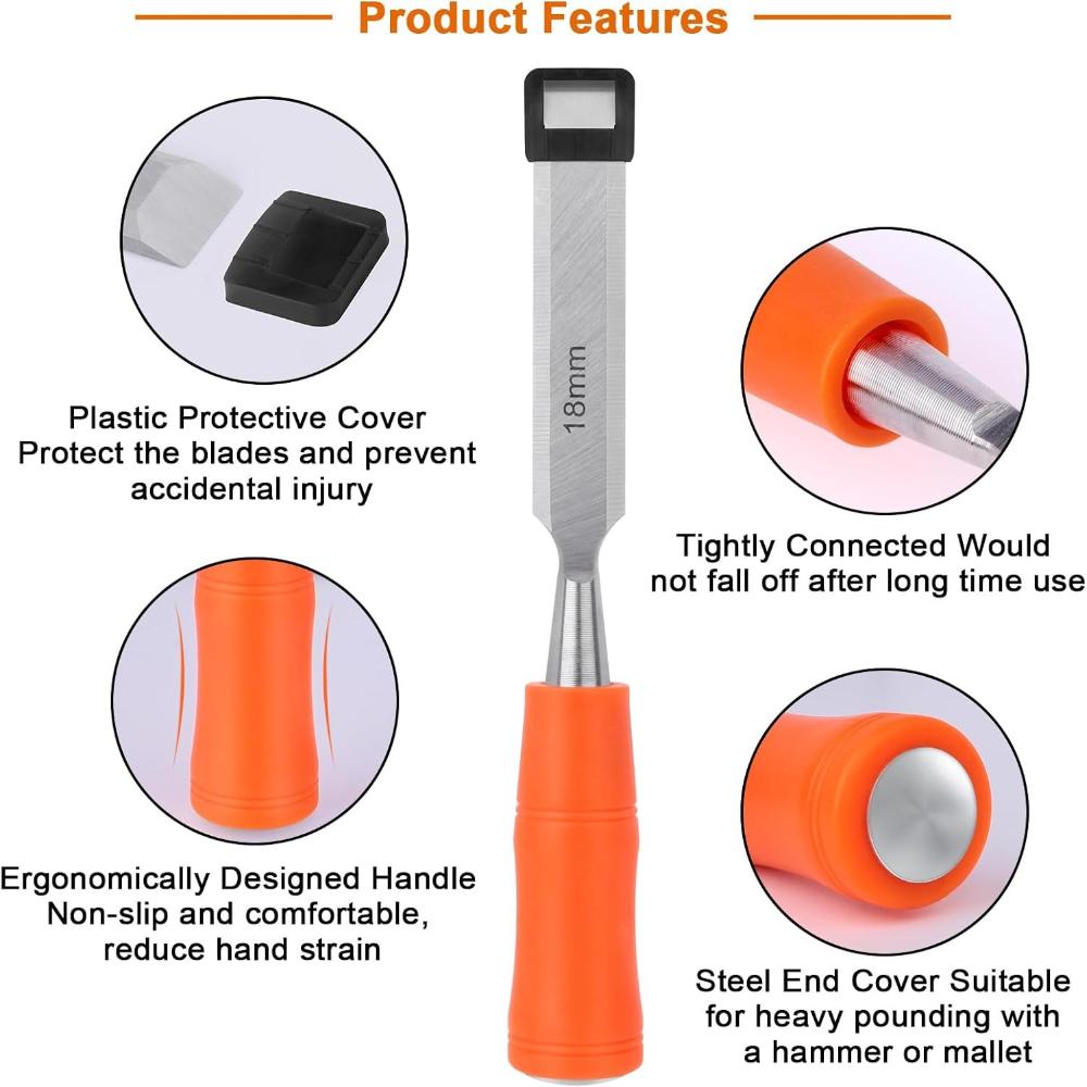 4 Piece Wood Chisel Set with Steel Hammer End Ergonomic Plastic Handle 6mm 12mm 18mm 24mm Woodworking Tools