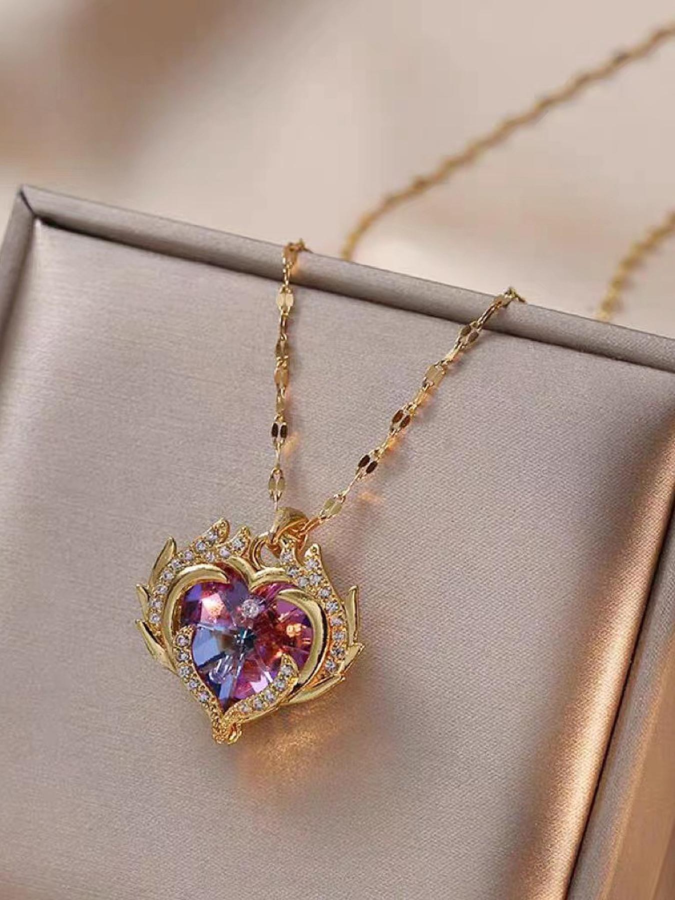 Angel Wings Crystal Heart Pendant Necklace - Ocean Heart Collection Copper