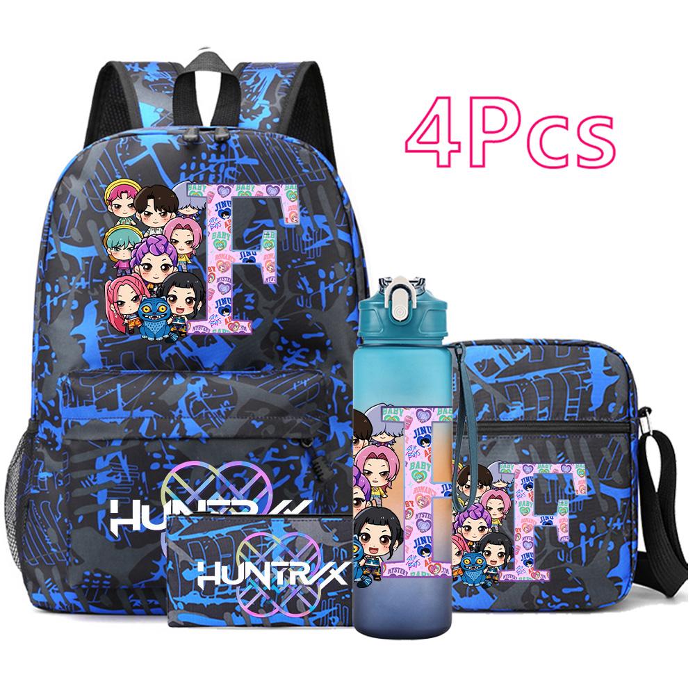 4Pcs/set 26 English Letter Printed Backpack Large Capacity Bookbag Shoulder Bag Case Bag with 750ml Water Bottler Boy Girl Waterproof SchoolBag Gift