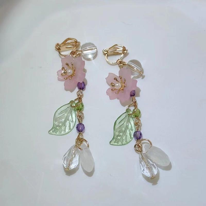 

Spring Pink Flower Dangle Earrings for Women, Fairy Charms Floral Leaf Earrings Summer Holiday Pendants Earrings Jewelry Gifts
