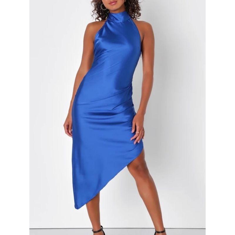 Export Single Lu Home Sexy Sexy Stand Collar High Texture Smooth Fabric Open Back Asymmetrical Fashion All-Match Dress