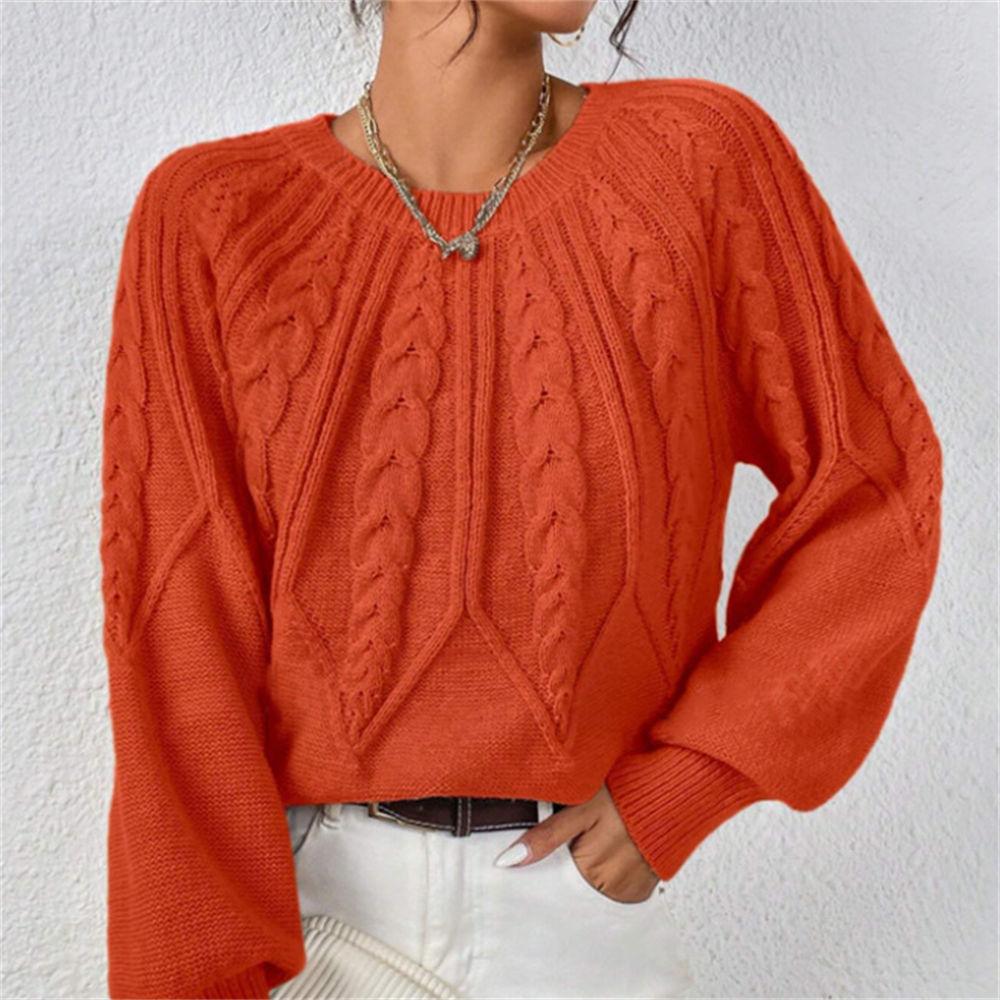Women's Autumn/Winter Solid Color Cable Knit Sweater, Loose Crew Neck Lantern Sleeve Versatile Knit Top S-XL