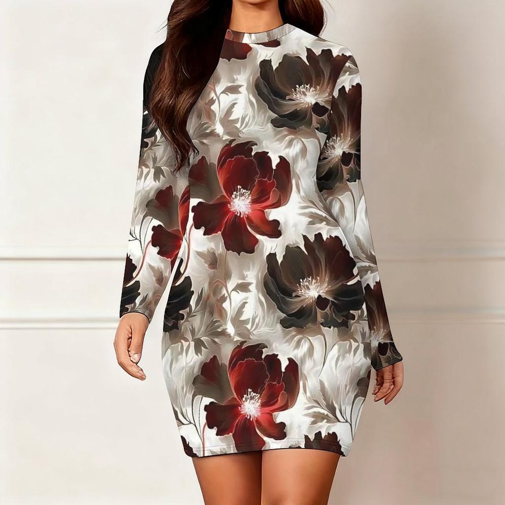 2025 Outono e Inverno Novo Estampa Floral 3D e Tingimento Moda Feminina Manga Longa Gola Redonda Vestido Envolvente de Quadril Dia dos Namorados Limitado