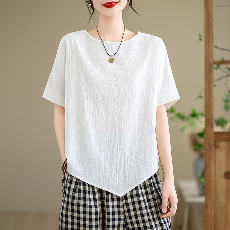 

Women s Cotton Linen Batwing T-Shirt: Irregular Short Sleeve, Loose, Round Neck, Summer Top Extra Large белый