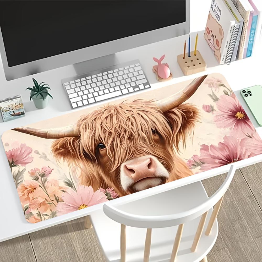 Vintage Highland Cow Floral Gaming Mouse Pad AntiSlip Rubber Desk Mat Stitched Edges For Pc Laptop Home Office Setup