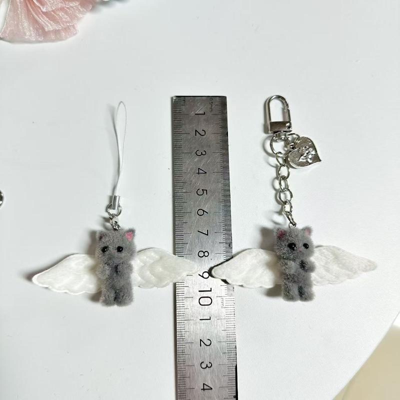 Cute Angel Wings Fuzzy Kitty Cat Heart Keychain Flocked Kitten Kawaii Phone Chain Anti-Lost Lanyard Pendant Bag Decor Gift