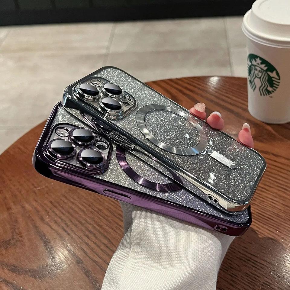 Woman Luxury Plating Glitter Case For Magsafe For iPhone 15 13 11 12 14 Pro Max Plus Accessories Magnetic Wireless Charge Cover