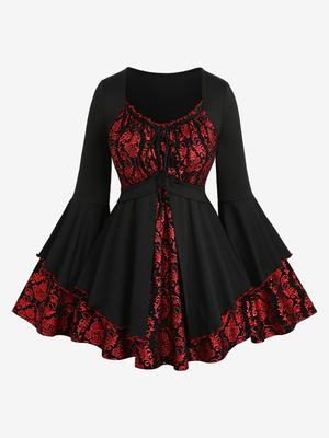 Rosegal Plus Size Sparkling Sequin Floral Stamping Glitter Knitted Patchwork Cinched Ruffles Flare Sleeve Top