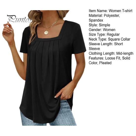 Summer Casual T-shirt Square Collar Short Sleeve Pleated Tee Shirt Solid Color Loose Fit A-Line Home Date Office Tops