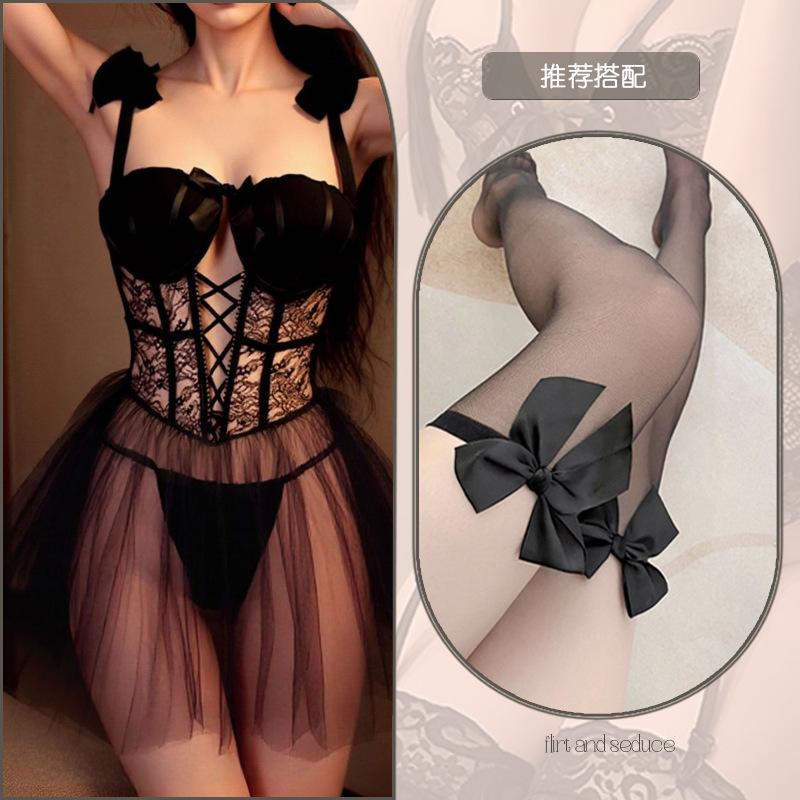 Sexy lingerie slim mesh perspective plus chest pad steel ring gathering women's suspender sex nightdress set