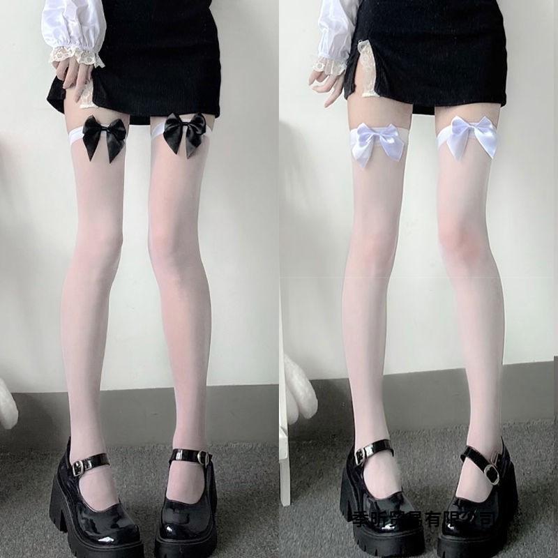 Japanese Lolita Over-the-Knee Bow Socks, White or Black Silk
