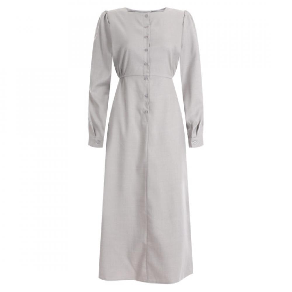 Shop   Binding Back Button Round Neck Long Dress Gray Egg Wdr 12132