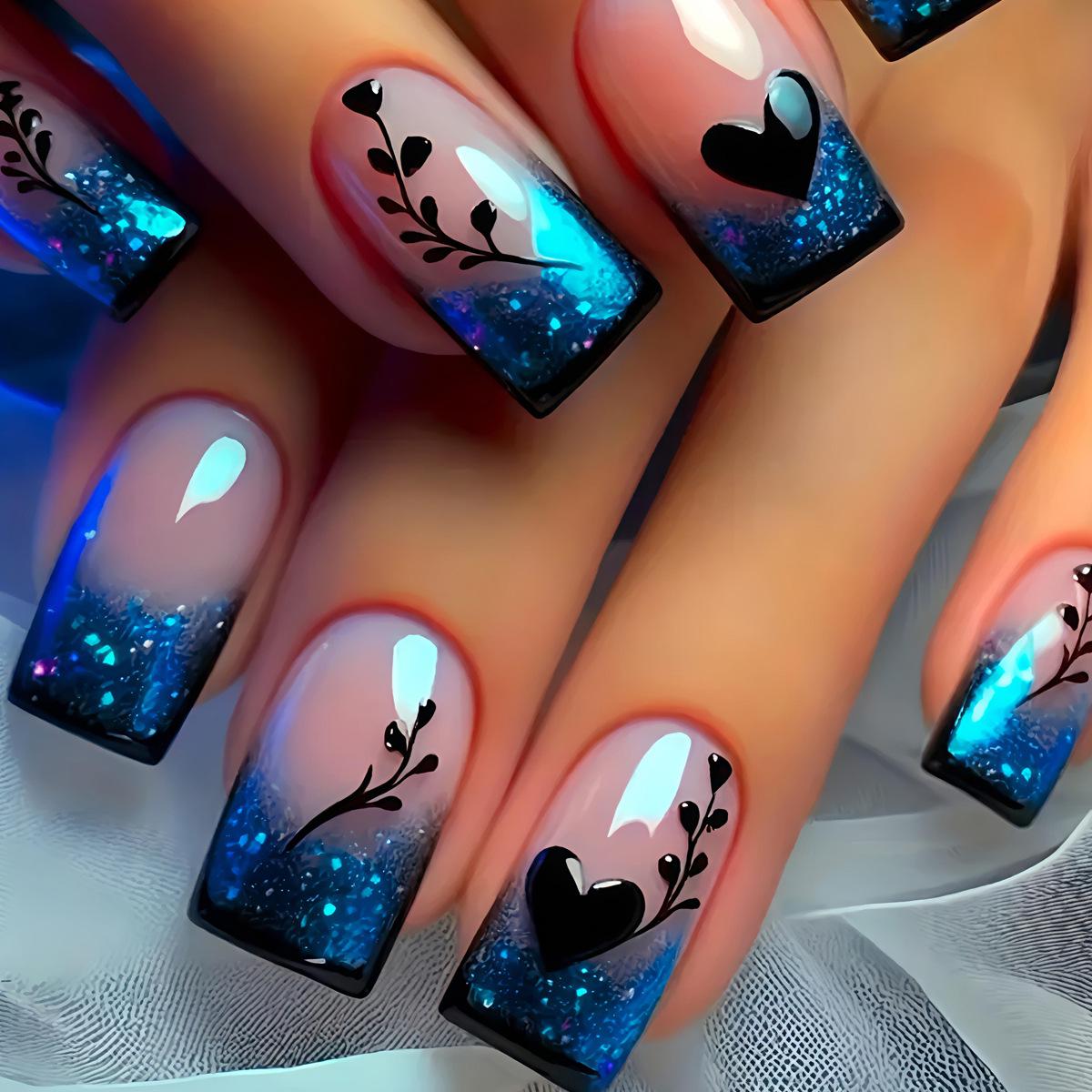 Popular Blue Gradient French Romantic Heart Press-On Nails - 24 Pieces