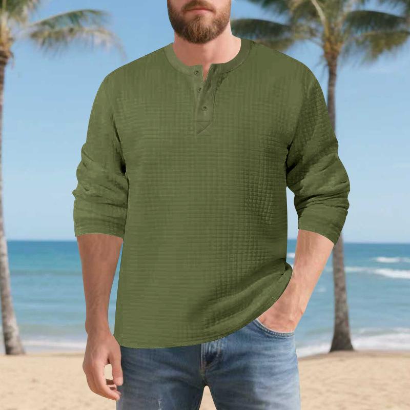 

American Autumn and Winter New Men s Loose Jacquard Textured Henry Shirt Retro Long-sleeved Pullover XXXL армія зелений колір