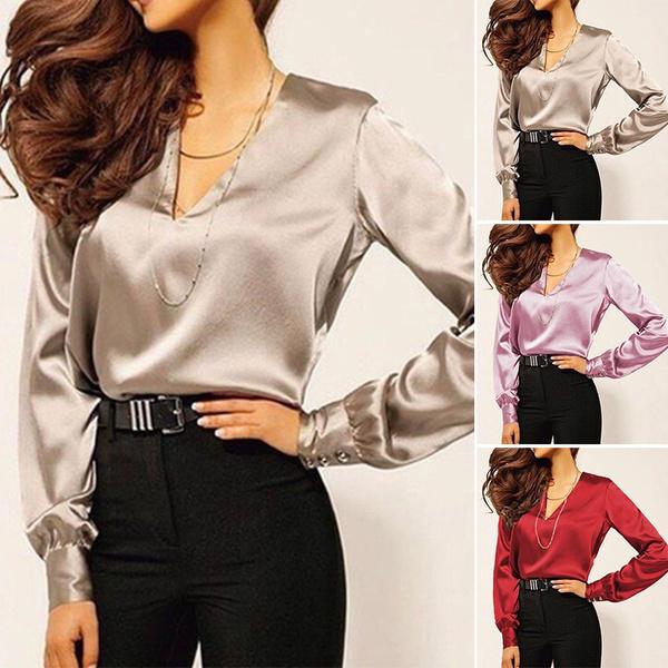 Camicie da donna a maniche lunghe Scollo a V Bluse in raso di seta T Shirts  Lavoro formale Eleganti Top Maniche a sbuffo acquista in modo economico —  spedizione gratuita, recensioni reali