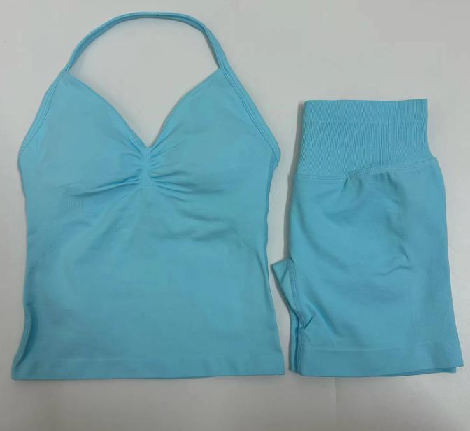 JYL Seamless Backless Two Piece Set Padded Halter Top Fitness Shorts