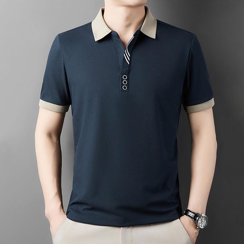 Summer Men's Polo Shirt Jacquard T-shirt Lapel Collar Color Block Casual Short Sleeve Tees Breathable Male Button Tops