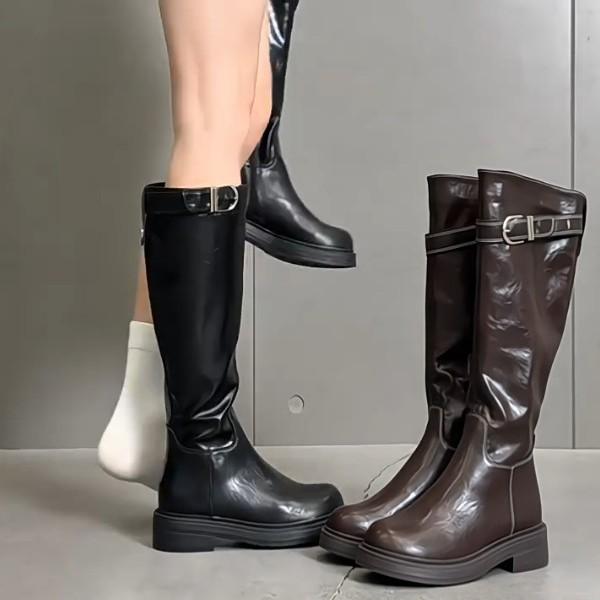 Cowhide version~ long boots women's autumn and winter retro side zipper thin long boots but knee thick heel high boots knight boots