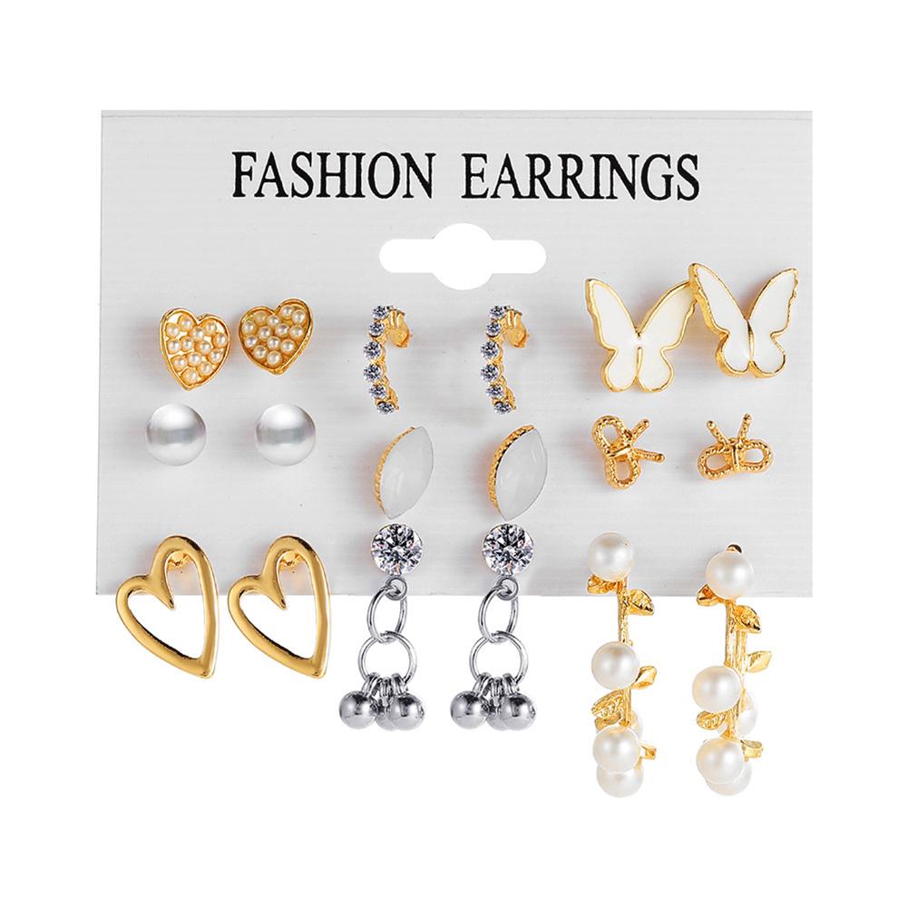 9 Pairs Women Earrings Butterfly Heart Geometric Ear Stud Creative Retro Crystal Pearl Earrings For Gift