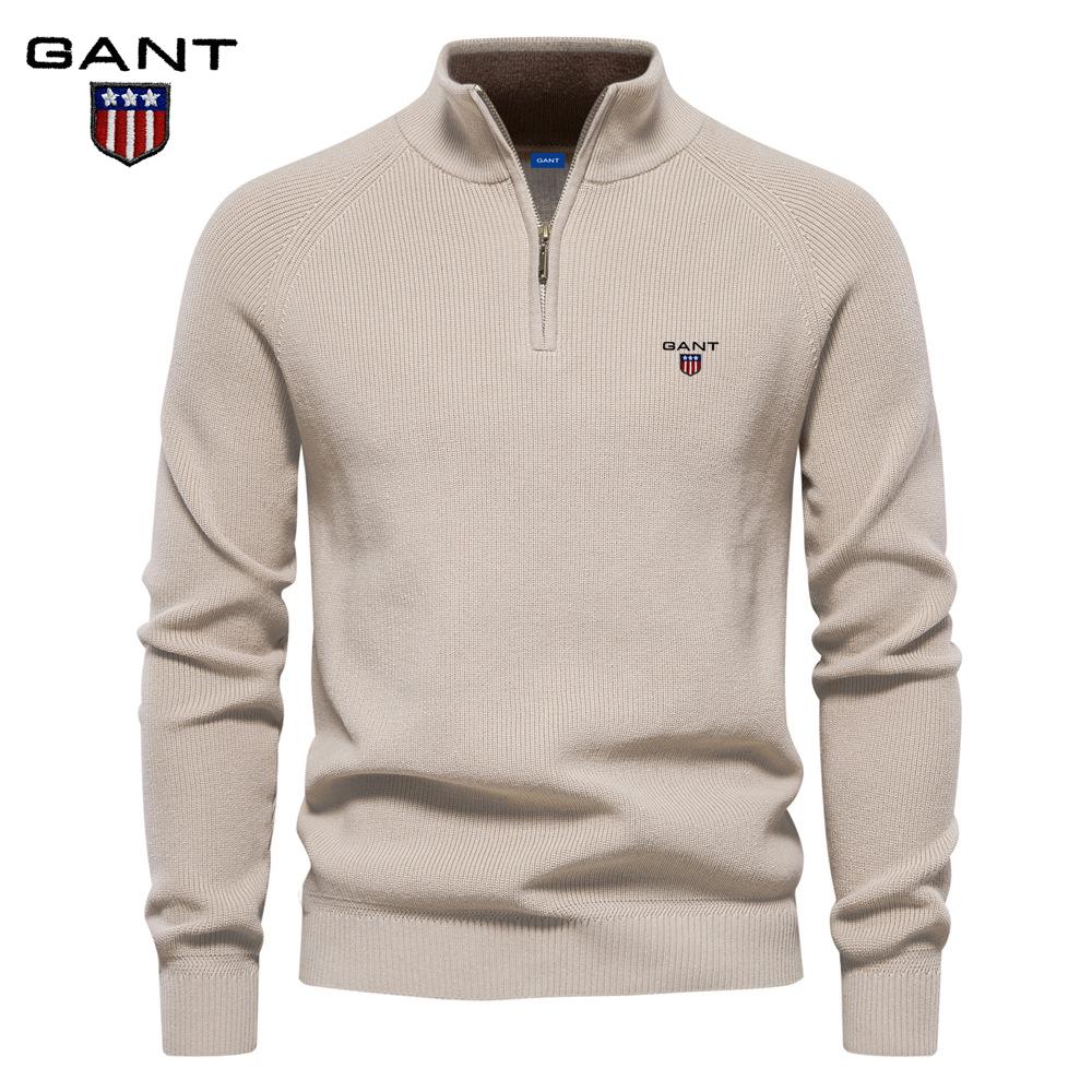 Gant Autumn and Winter Embroidery New Men's Semi Open Sweater Men's Long Sleeved Stand Up Collar Solid Color Versatile Casual Top