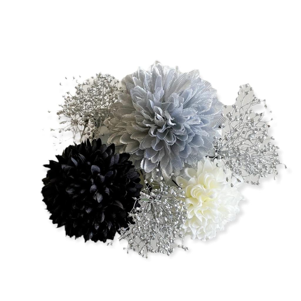 Japanese Style Hair Ping Pong Mum and Silver Black Ornament, Gypsophila,