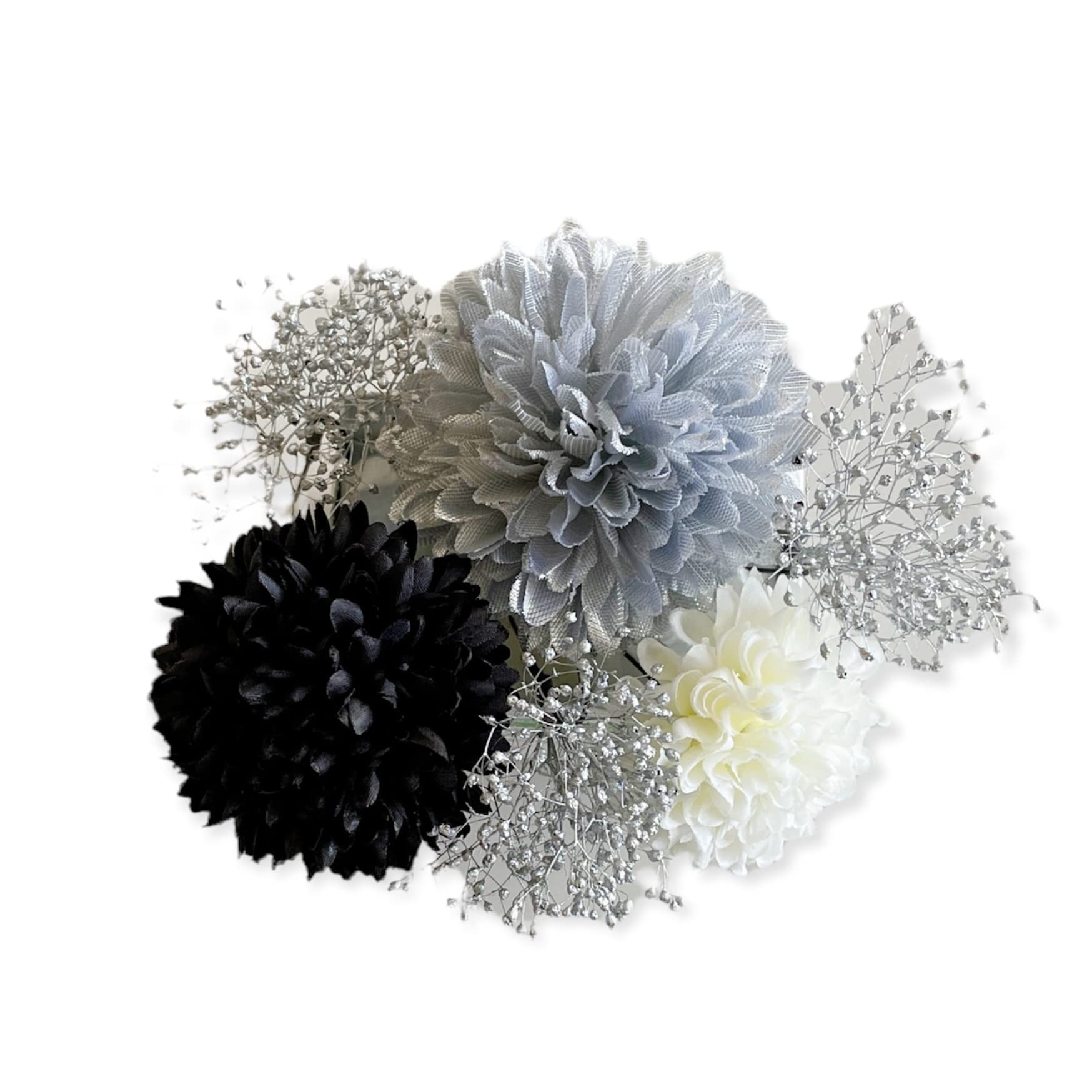 

Japanese style hair Ping Pong Mum and Silver Black ornament, Gypsophila,