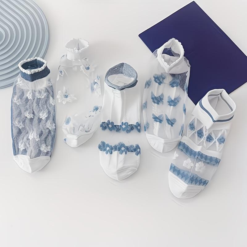 5/10Pairs Women Summer Mesh Ankle Socks Thin Breathable Glass Silk Low Cut Socks Sheer Flower Pattern Soft Intimates Hosiery