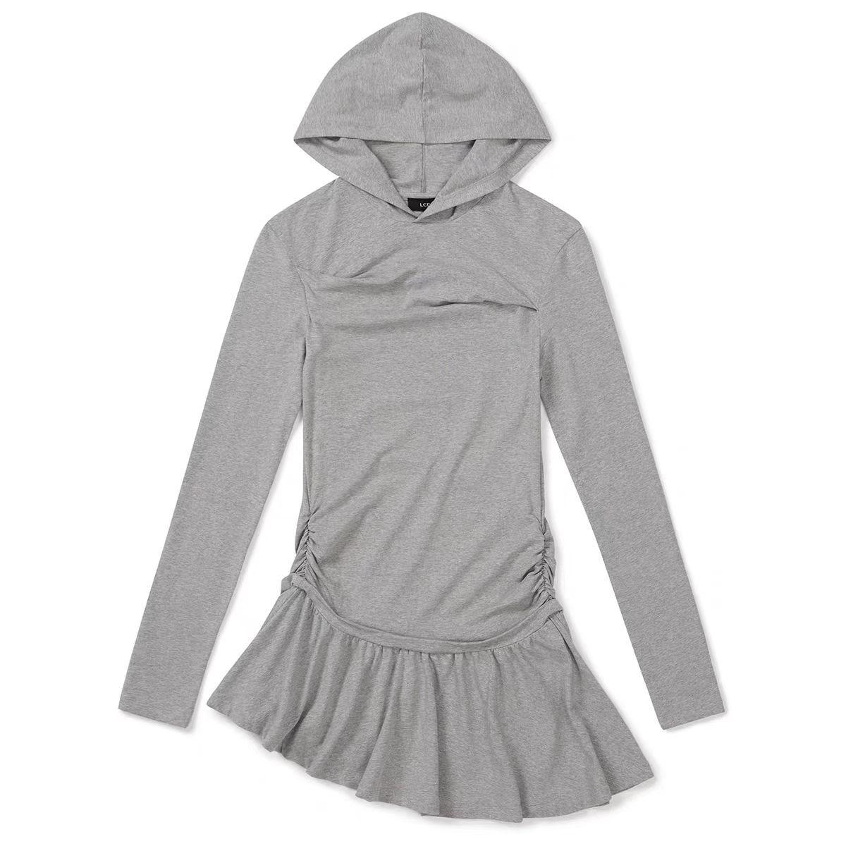 Korean Post-Apocalyptic Pleated Hooded Dress with Irregular Hem S