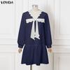 VONDA Elegant Women V Neck Long Sleeve Lace Bow Knot Ruffled Shirts Dress