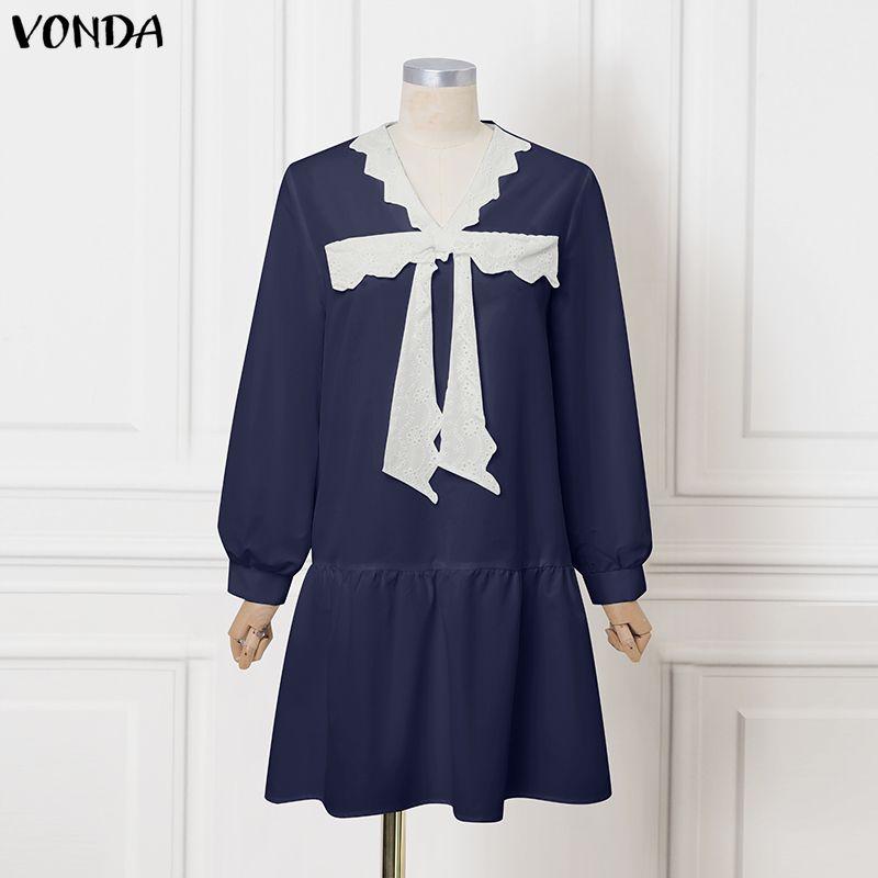 VONDA Elegant Women V Neck Long Sleeve Lace Bow Knot Ruffled Shirts Dress