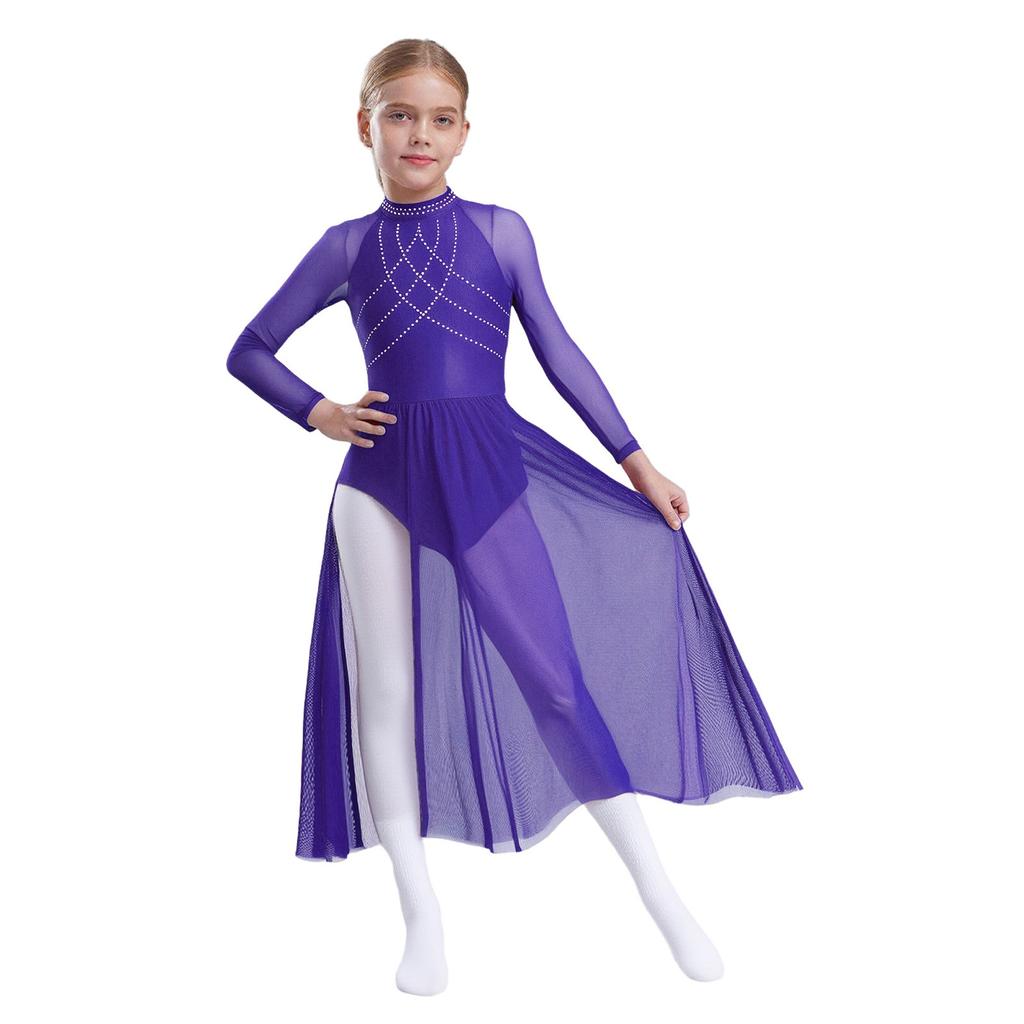Girls Lyrical Dance Dress Shiny Rhinestones Sheer Mesh Patchwork Keyhole Back Long Sleeve Leotard