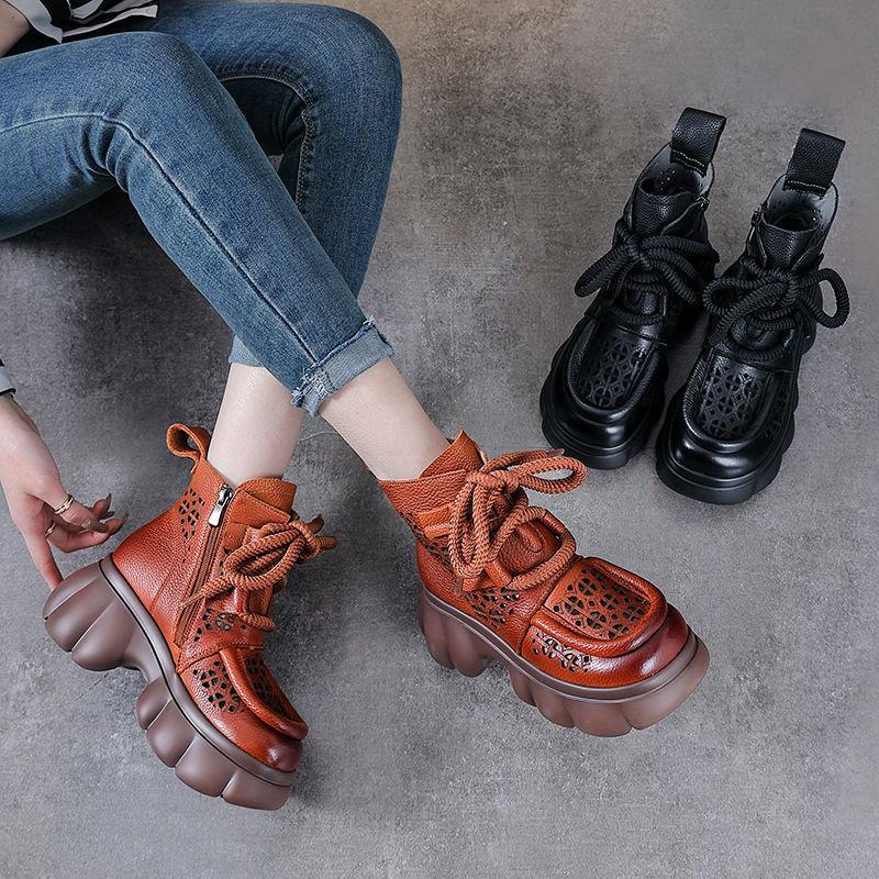Cool boots women's 2025 spring and summer new retro sandals thick-soled hollow high-top women's shoes side zipper lace-up hole shoes