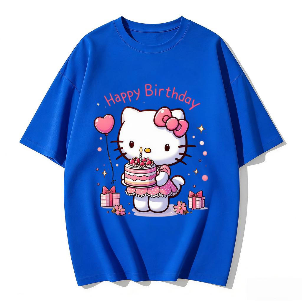 2026 New Hello Kitty Happy Birthday Cake Cartoon Print Tshirt Family Matching Outfits Casual Short Sleeve Tee for Women Unisex Kid