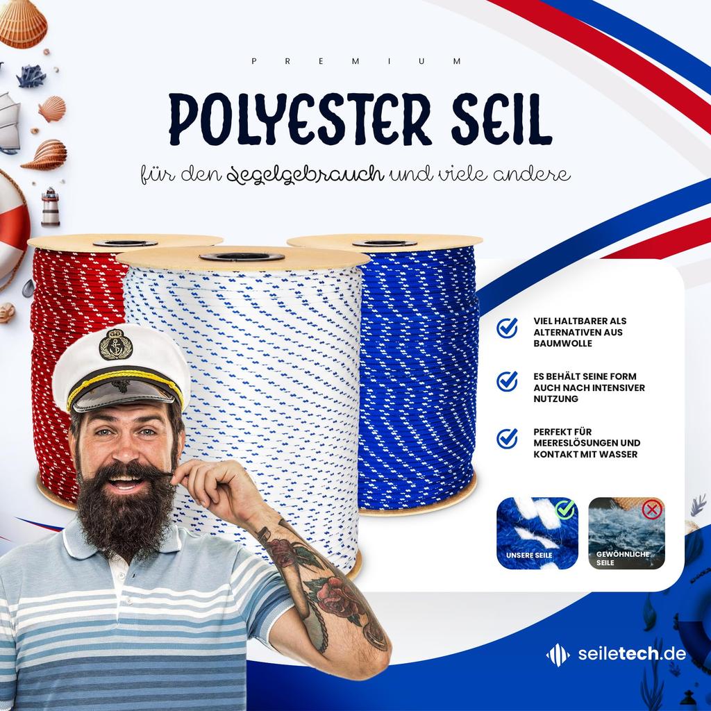 Polyester Rope | 10mm | 20m | Red with White Spots | Sheet Rope | Cord | 16-Strand Braided | Good Grip