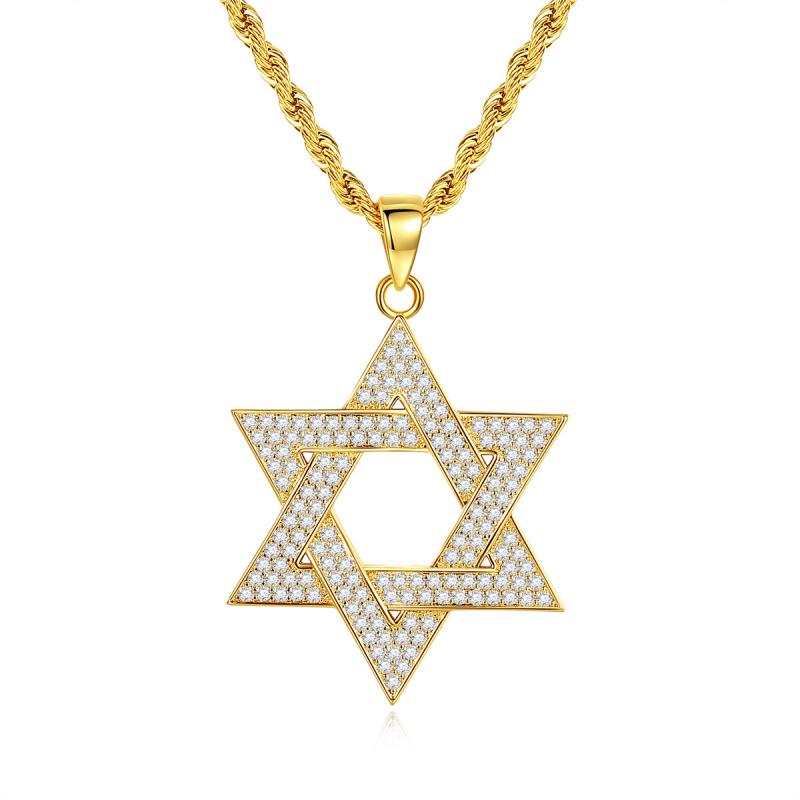 Hip Hop Men Gold Color Plated Jewelry Micro Pave Iced Out Cz Stone Star of David Pendant Hexagram Israel Judaism Necklaces