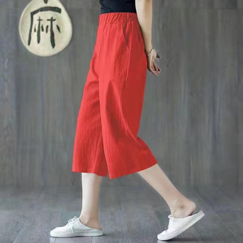Women's High Waist Linen Wide Leg Cropped Pants Loose Fit Minimalist Capri Pants Pocket Casual Seven Trousers