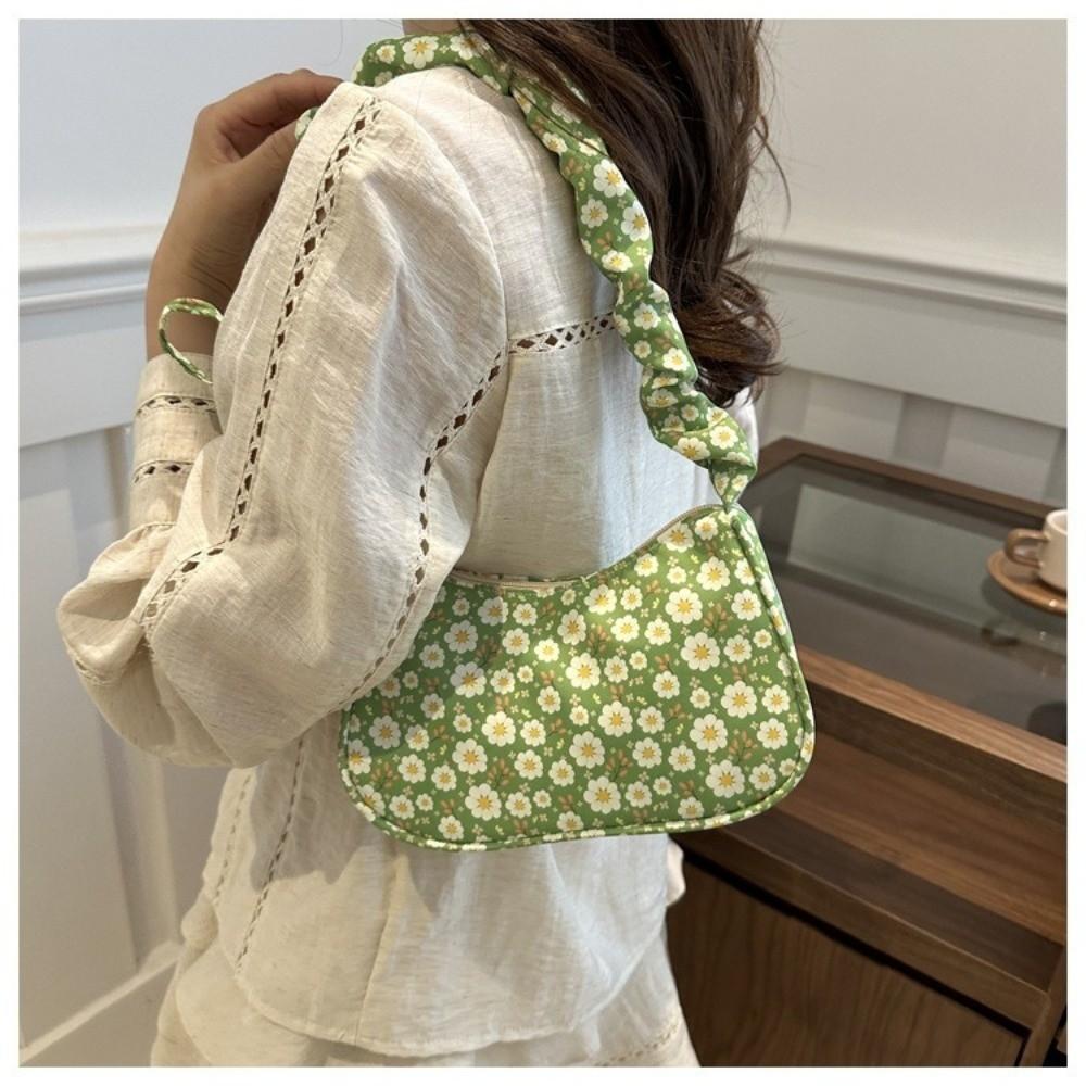 Sweet Flower Pleated Underarm Bag Nylon Large Capacity Floral Shoulder Bag Zipper Lightweight Girls Handbags Women