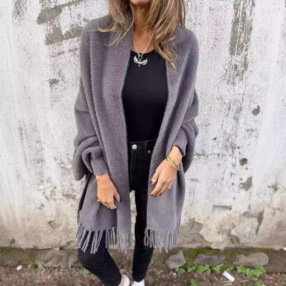 2024 Cross-border Women's Casual Knit Plush Tassel Shawl Coat