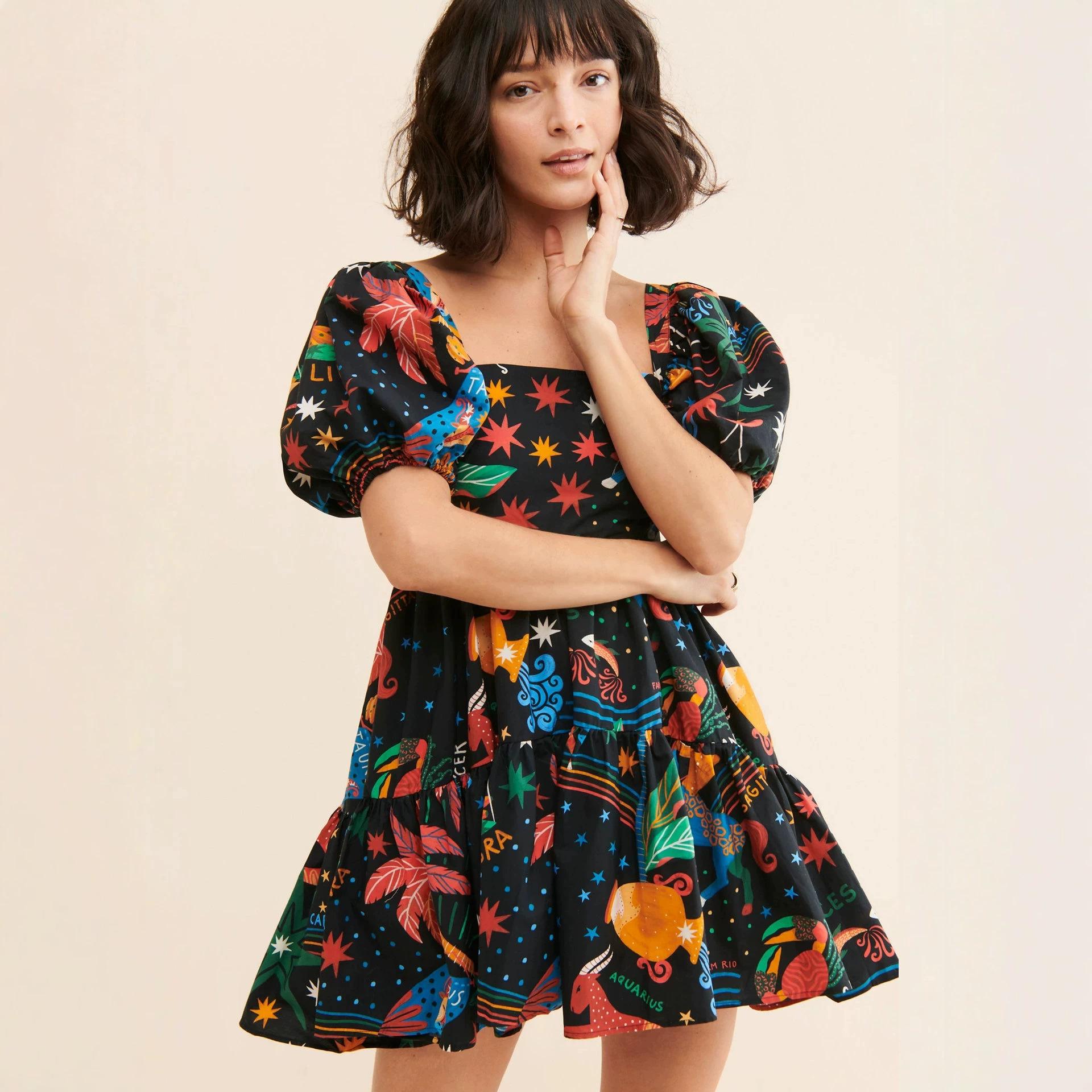 European and American style square collar short dress, high-end exquisite bubble sleeves, waist and thin holiday style fluffy skirt short skirt XS чёрный