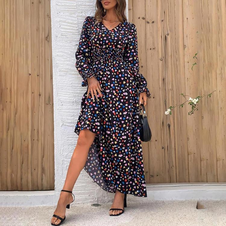 A-Line Dress Women Floral Print Ankle-Length Long Sleeve Casual High Waist Spring Summer V-neck Elastic Dresses
