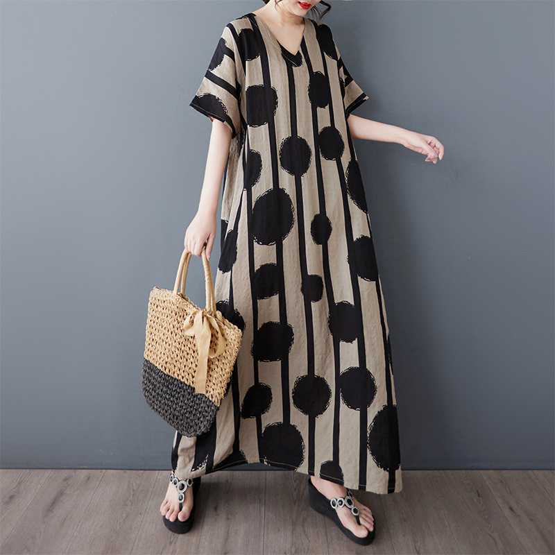 Thin Cotton and Linen Black Flower Robe Dress, Loose Long Skirt for Women
