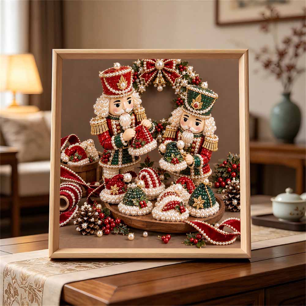 Handmade Framed Pearl Painting Set with Christmas Nutcracker Design 5D Shiny Bead Art Canvas Creative Craft for Room Decor