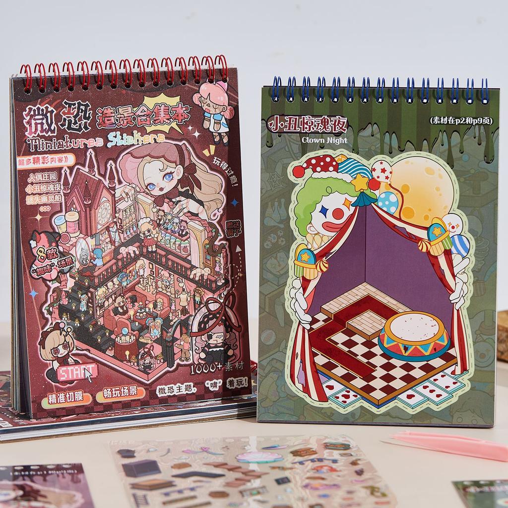8in1 Kawaii 3D Cartoon Miniature Horror Scene Sticker Book DIY Handmake Stacking Game Sticker Creative Collage Scrapbook Sticker